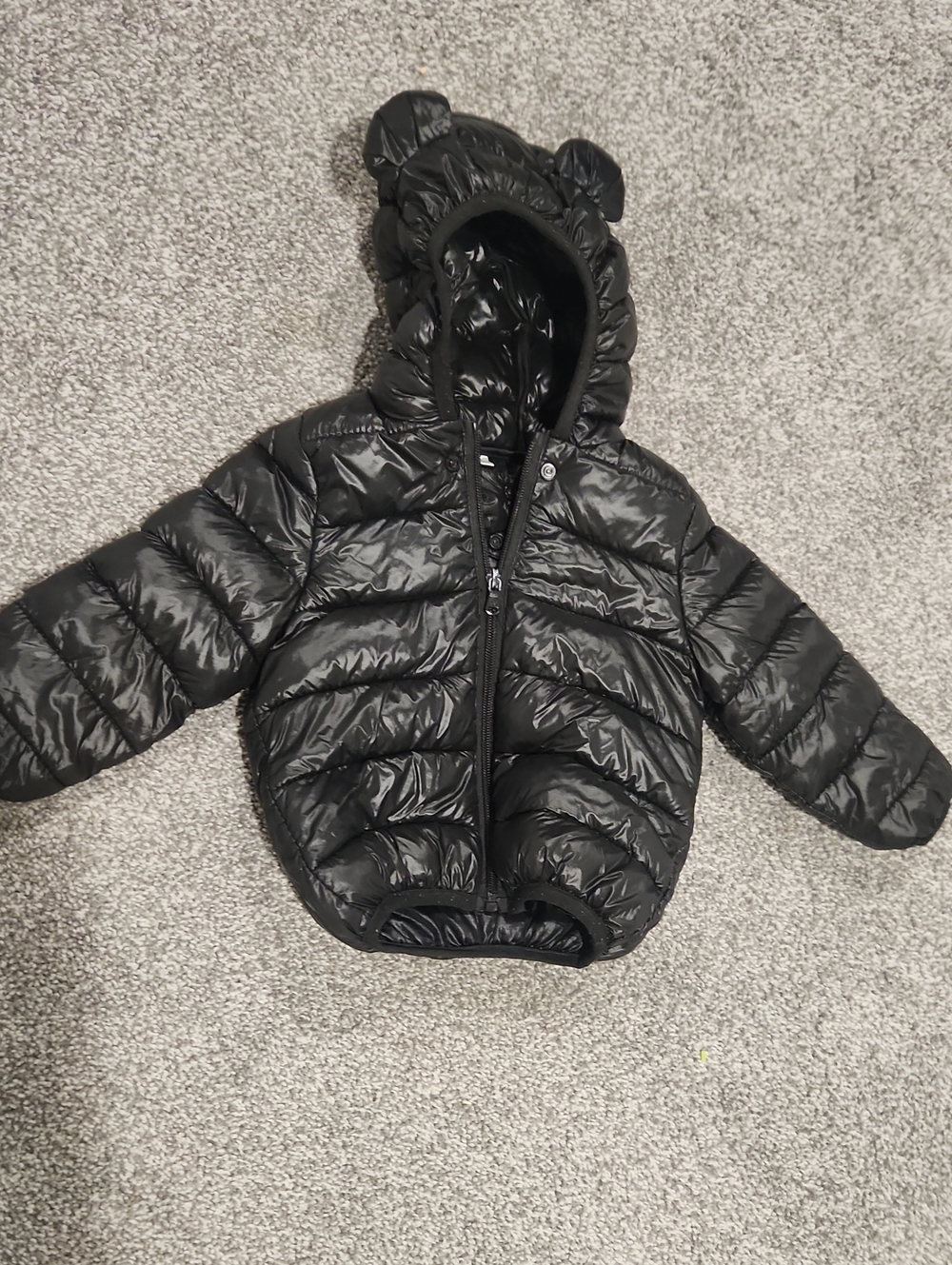 Kids Black Puffer Jacket with Hood and Ear Details